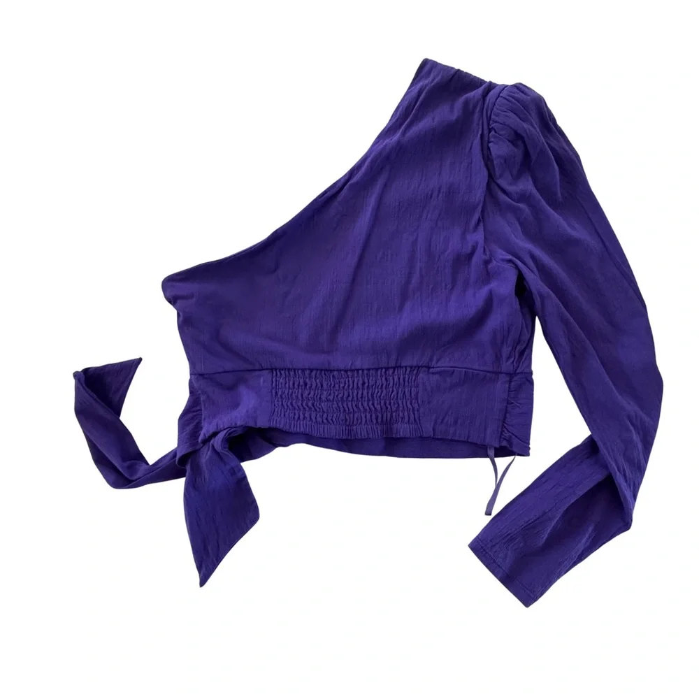 Free People One Shoulder Purple Tie Crop Top Long Sleeve Boho Romantic S - Picture 2 of 7
